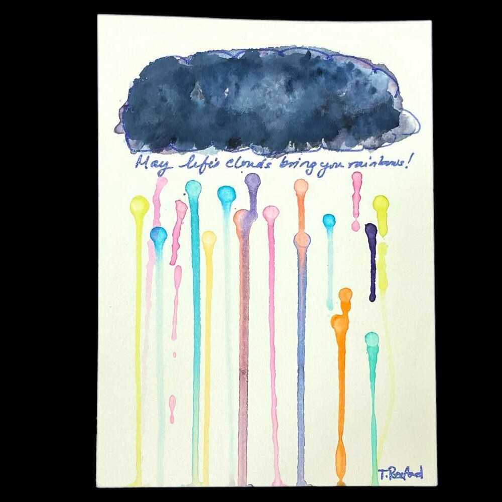Hand painted watercolor original painting rain cloud rainbow raindrops